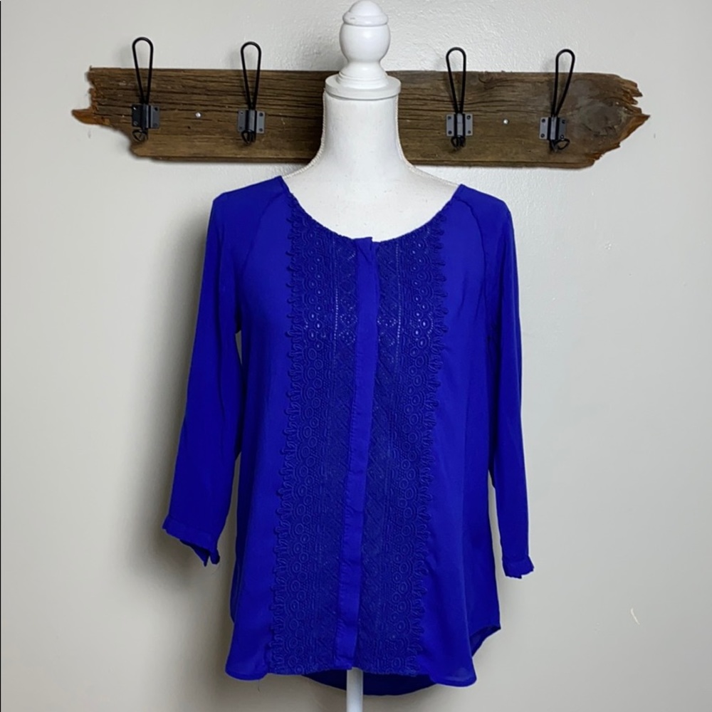 Anthro Maeve Blouse Royal Blue Crochet Lace